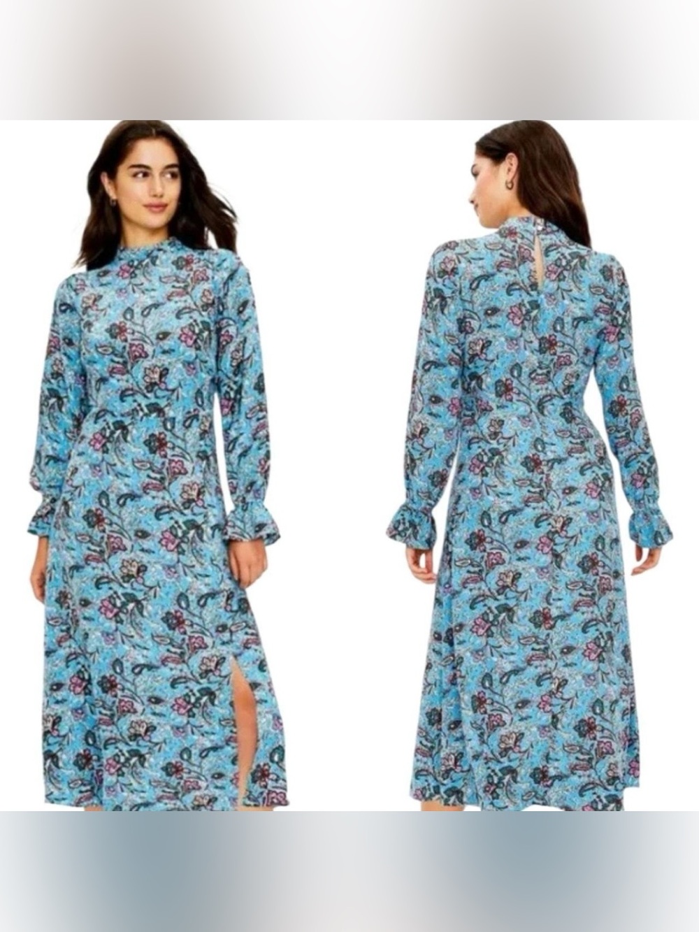 LOFT Blue Floral Long-Sleeve Midi Dress